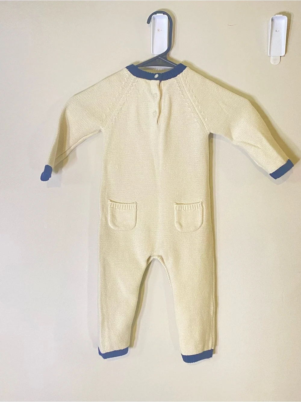 Janie and Jack Cream Knit Anchor Footie with Blue Trim